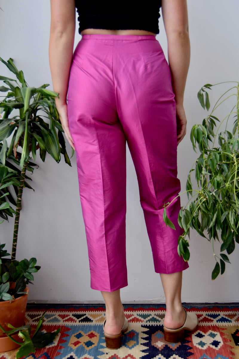 hot pink cigarette pants Hot Pink Silk Cigarette Trousers – Community Thrift and Vintage