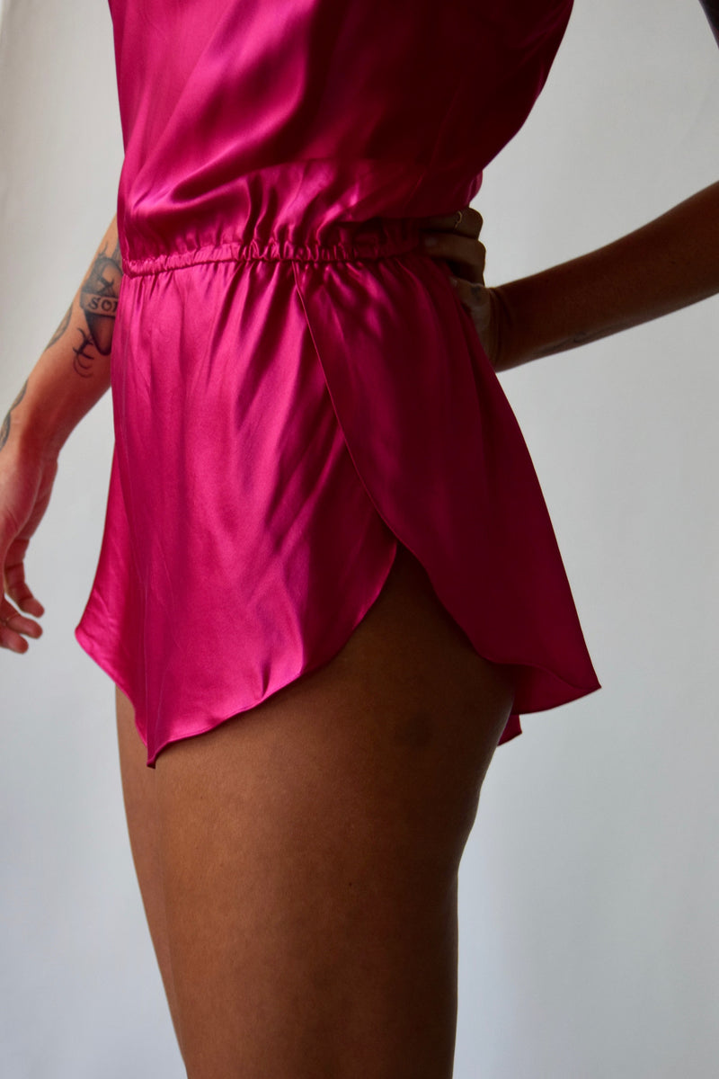 Vintage Hot Pink Silk Teddy Romper