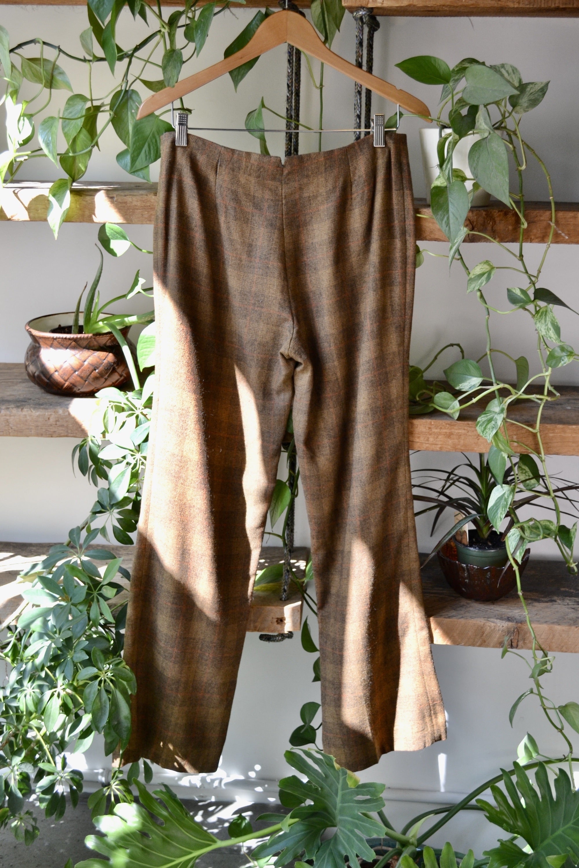 70s Brown Plaid Wool Trousers