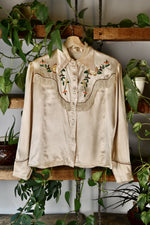 Vintage Champagne Satin Western Embroidered Blouse