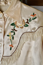 Vintage Champagne Satin Western Embroidered Blouse