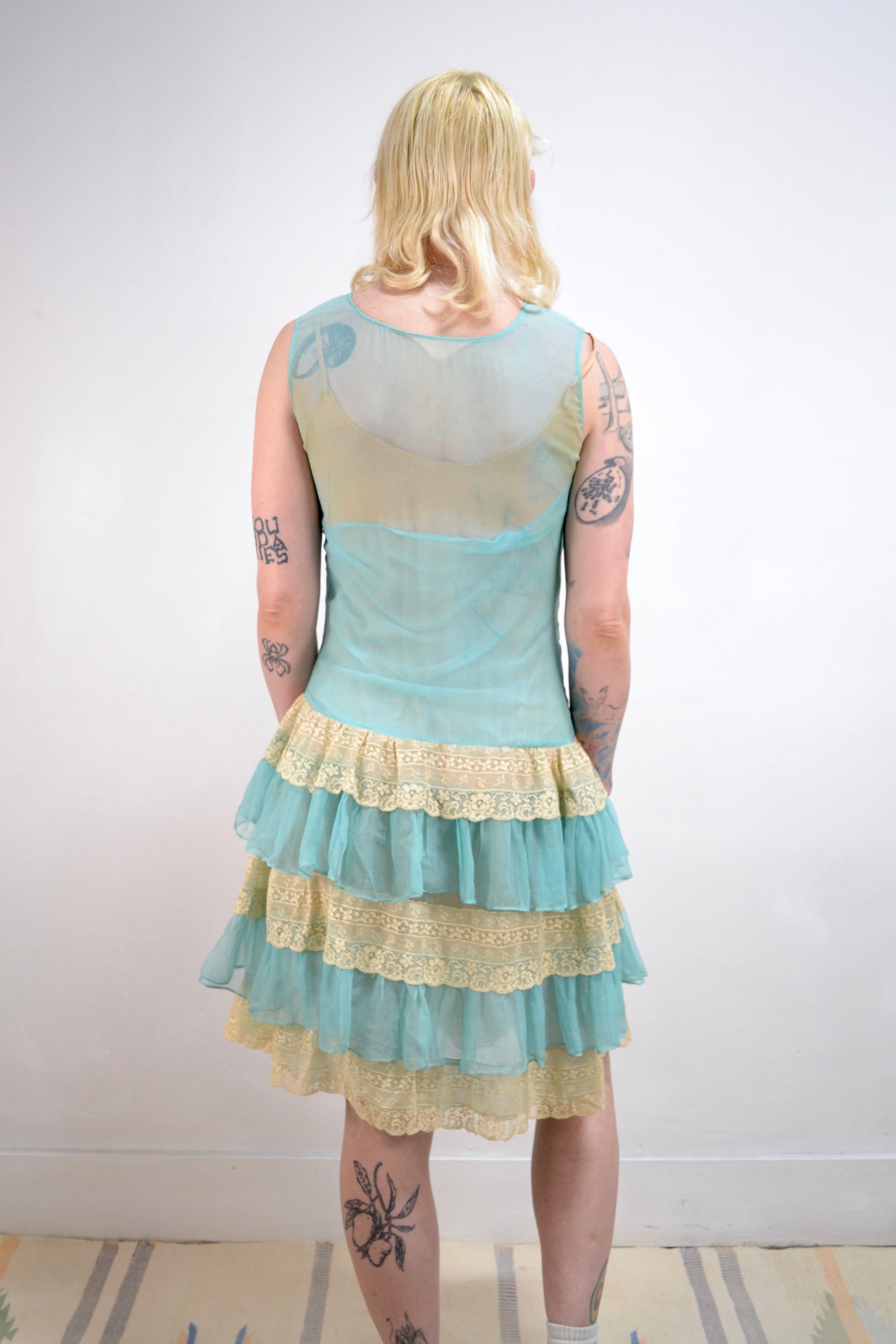 Aqua Tiered Drop Waist Gauzy Twenties Dress