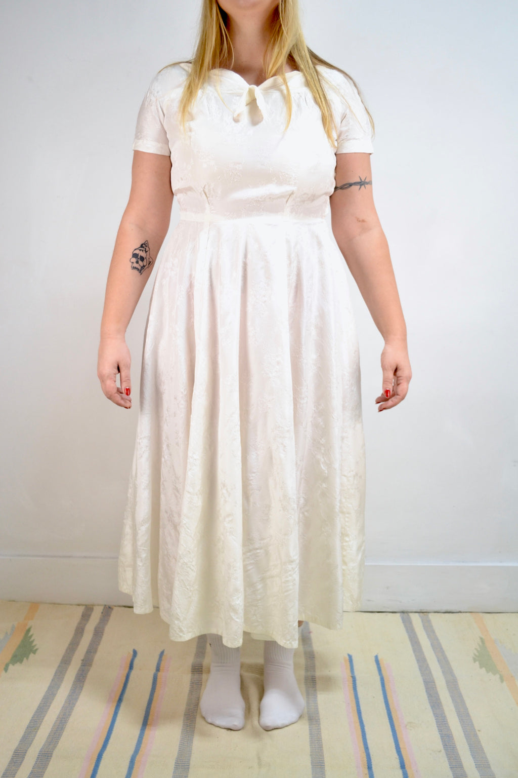 50's Floral Embossed White Satin Dress