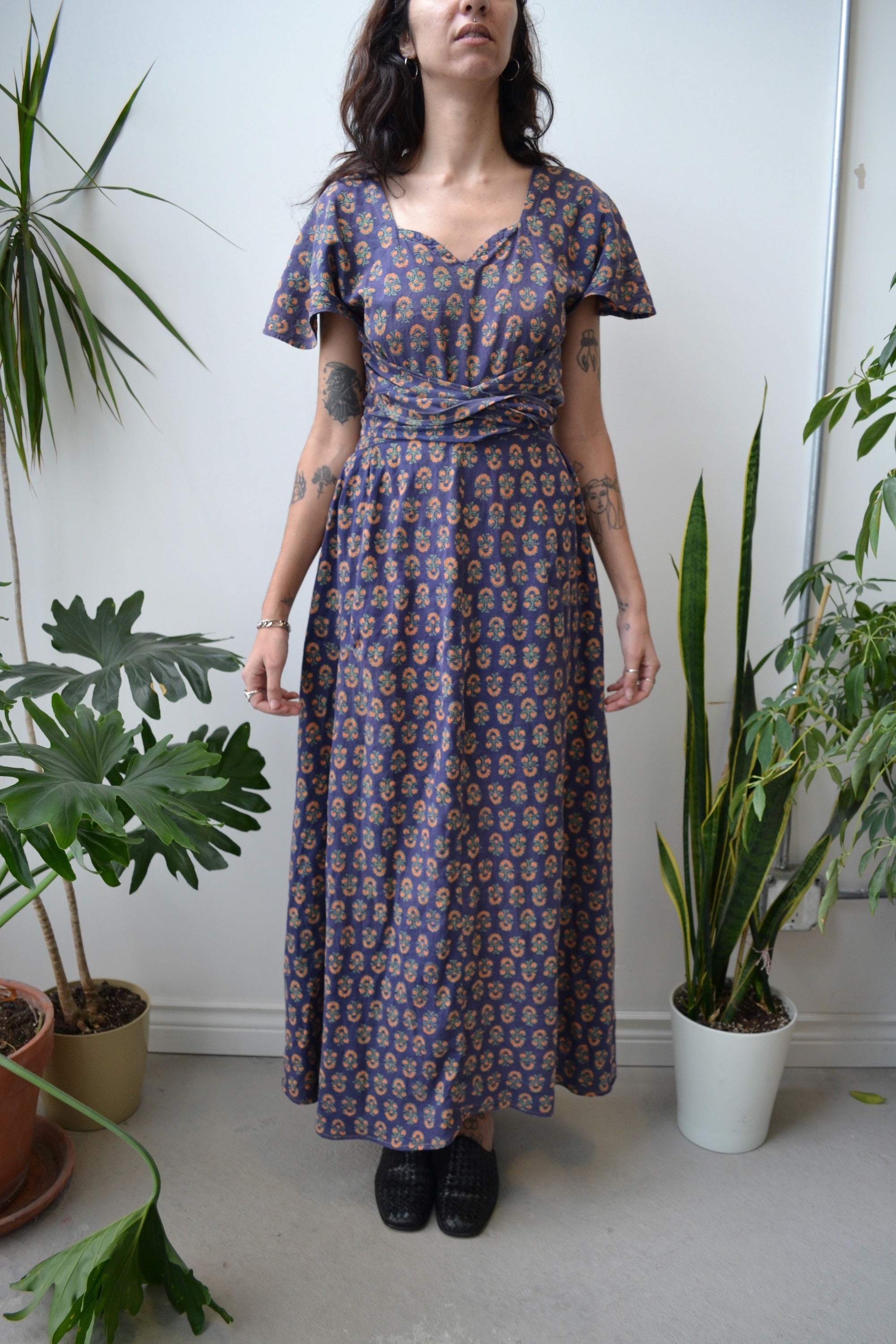 Forties Feedsack Reworked Pinafore Style Wrap Dress