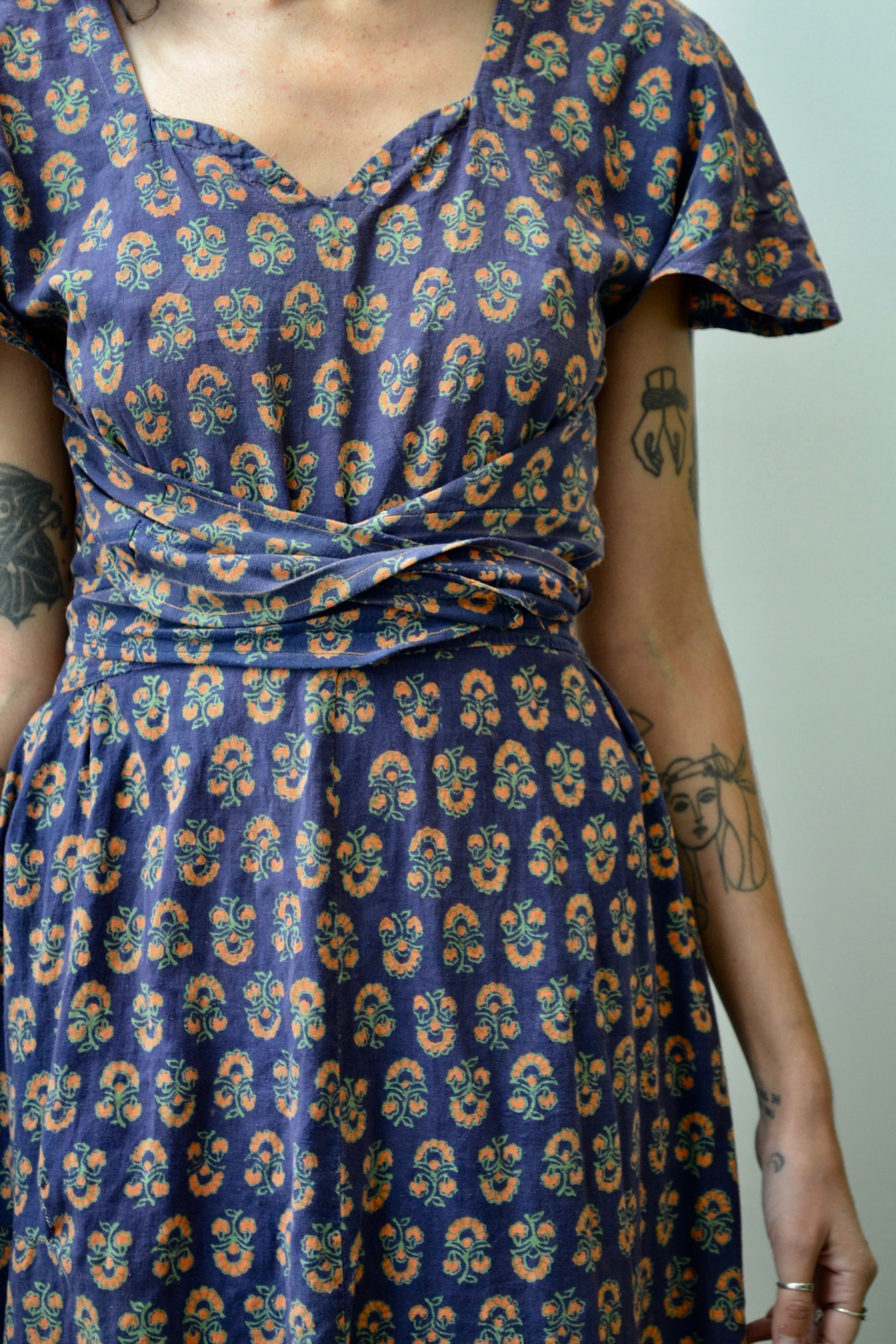 Forties Feedsack Reworked Pinafore Style Wrap Dress