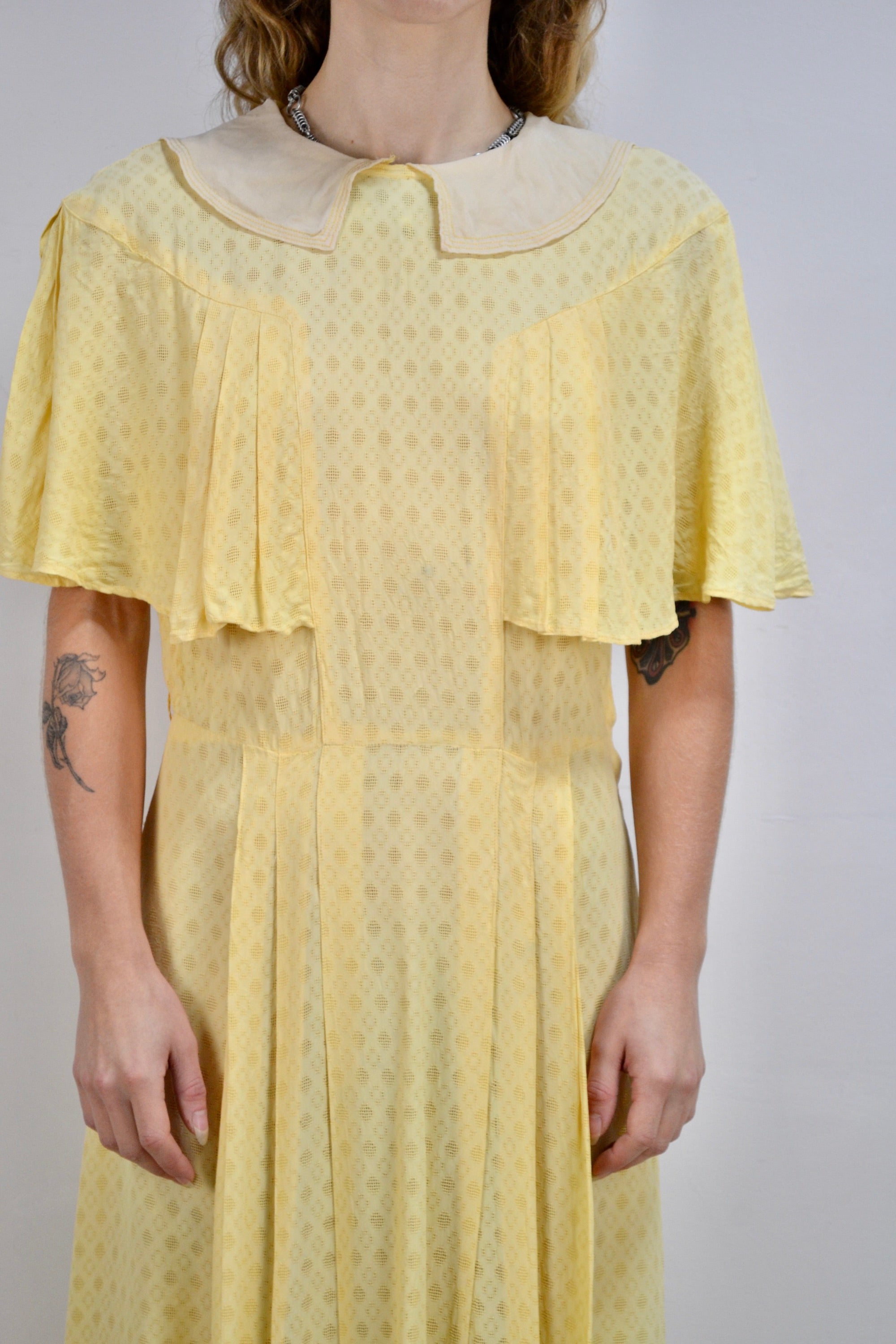 Butter Yellow Honeycomb Cape Sleeve Day Dress