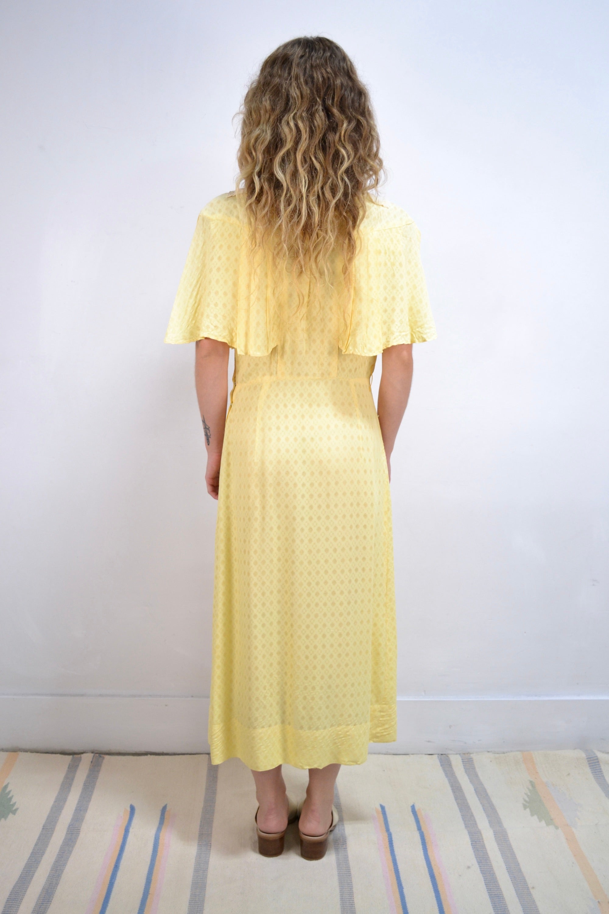 Butter Yellow Honeycomb Cape Sleeve Day Dress