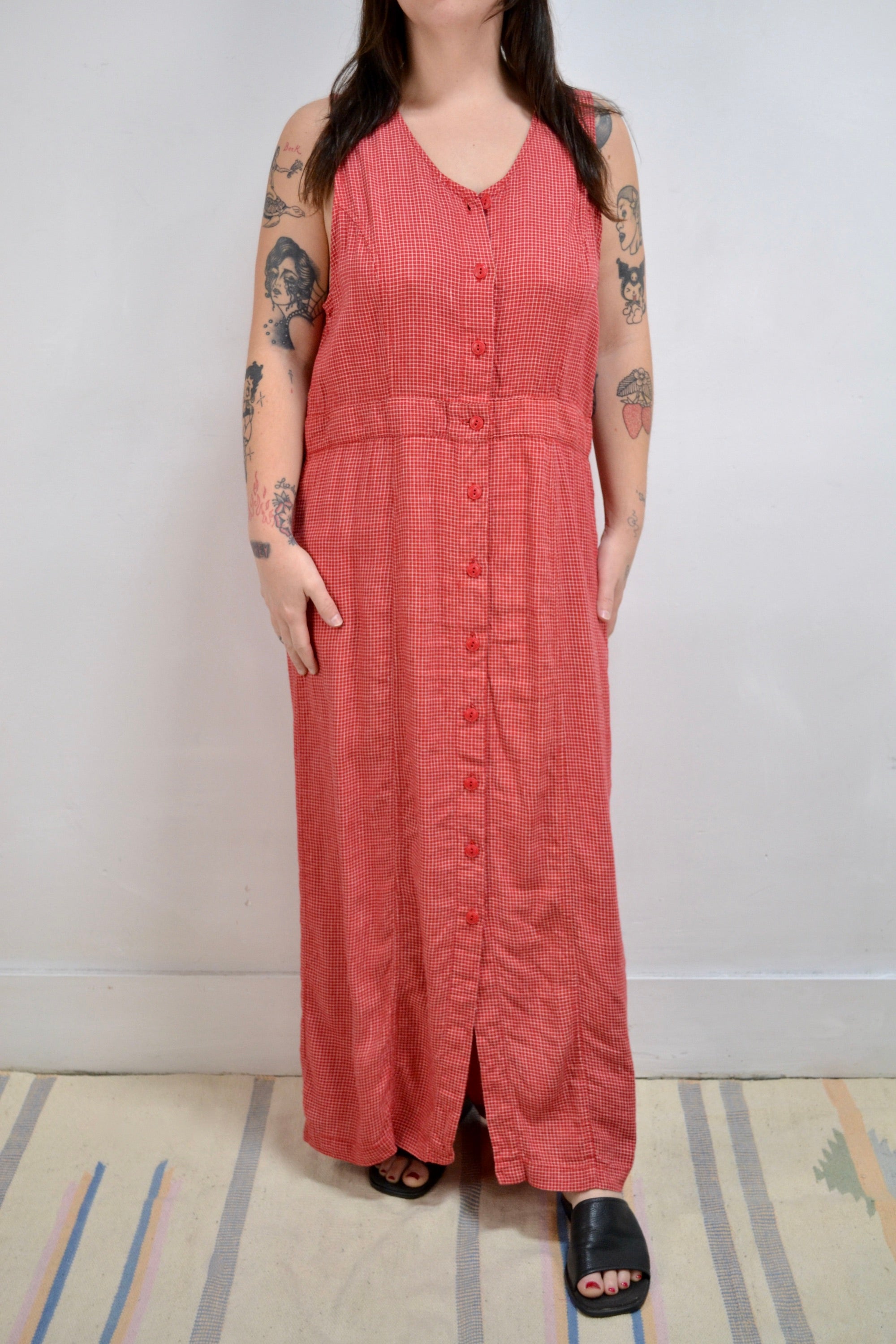 90s Red Linen Grid Dress