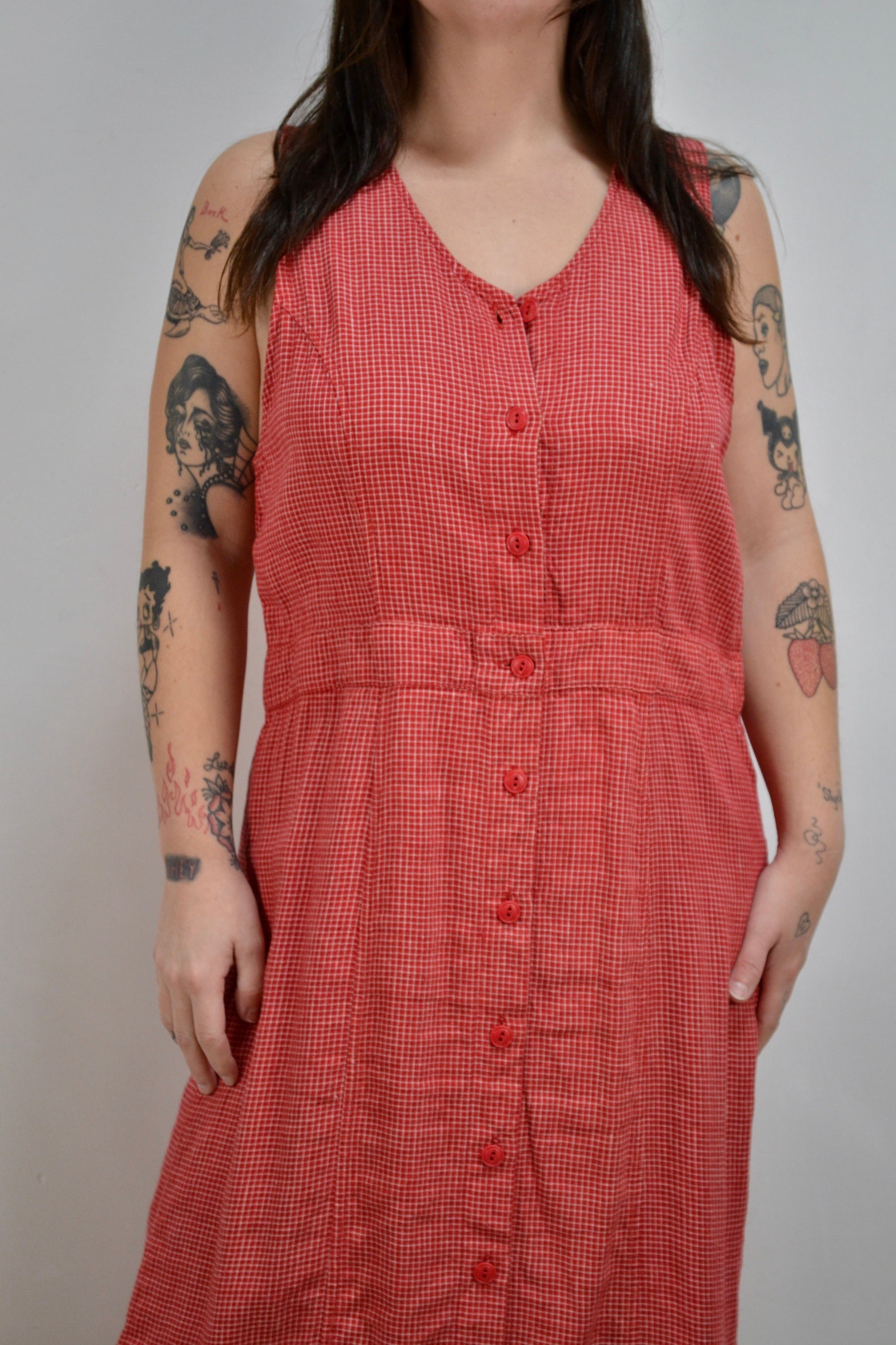 90s Red Linen Grid Dress