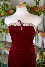 70s Burgundy Velvet Strapless Wiggle Dress