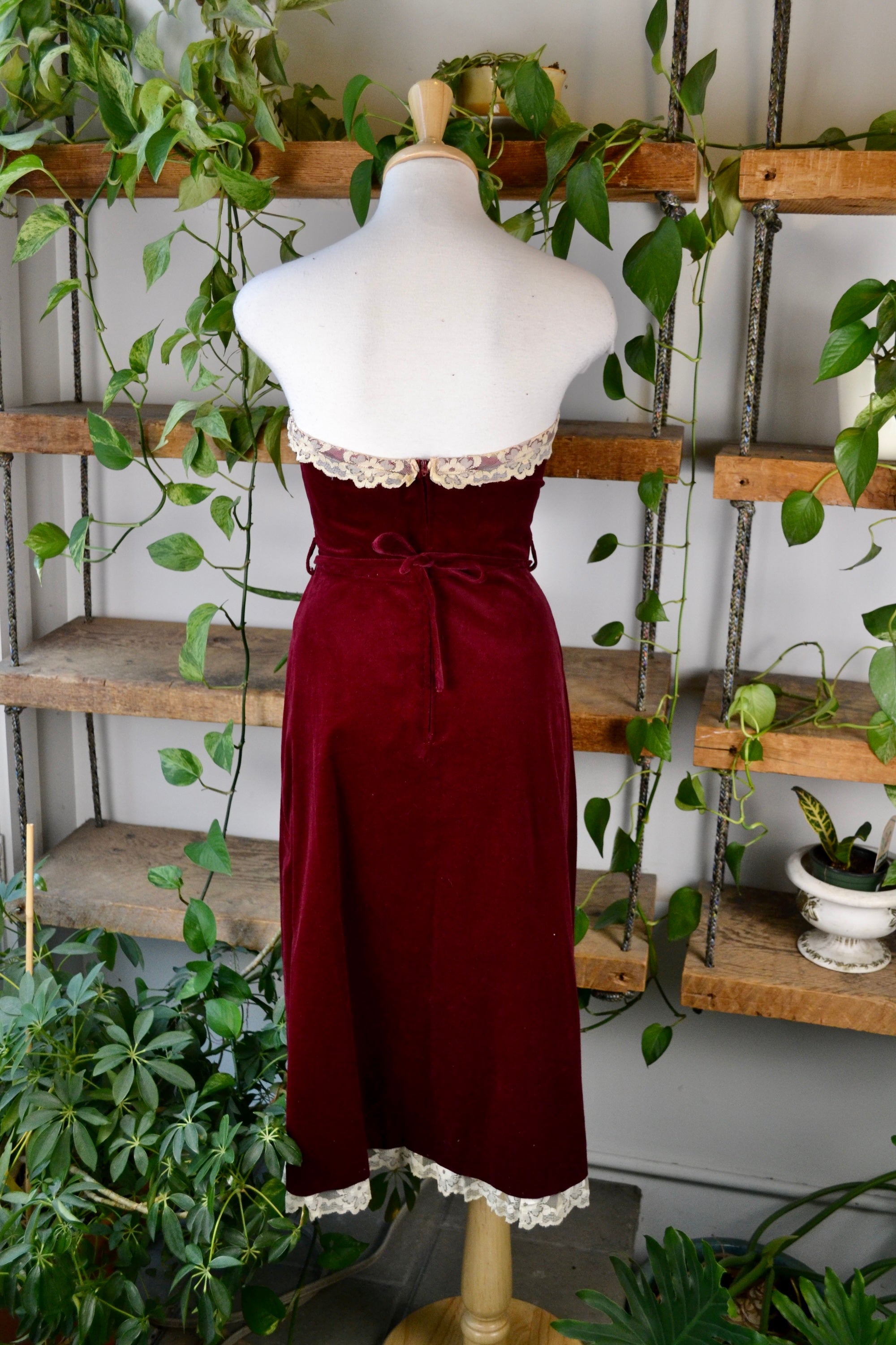 70s Burgundy Velvet Strapless Wiggle Dress