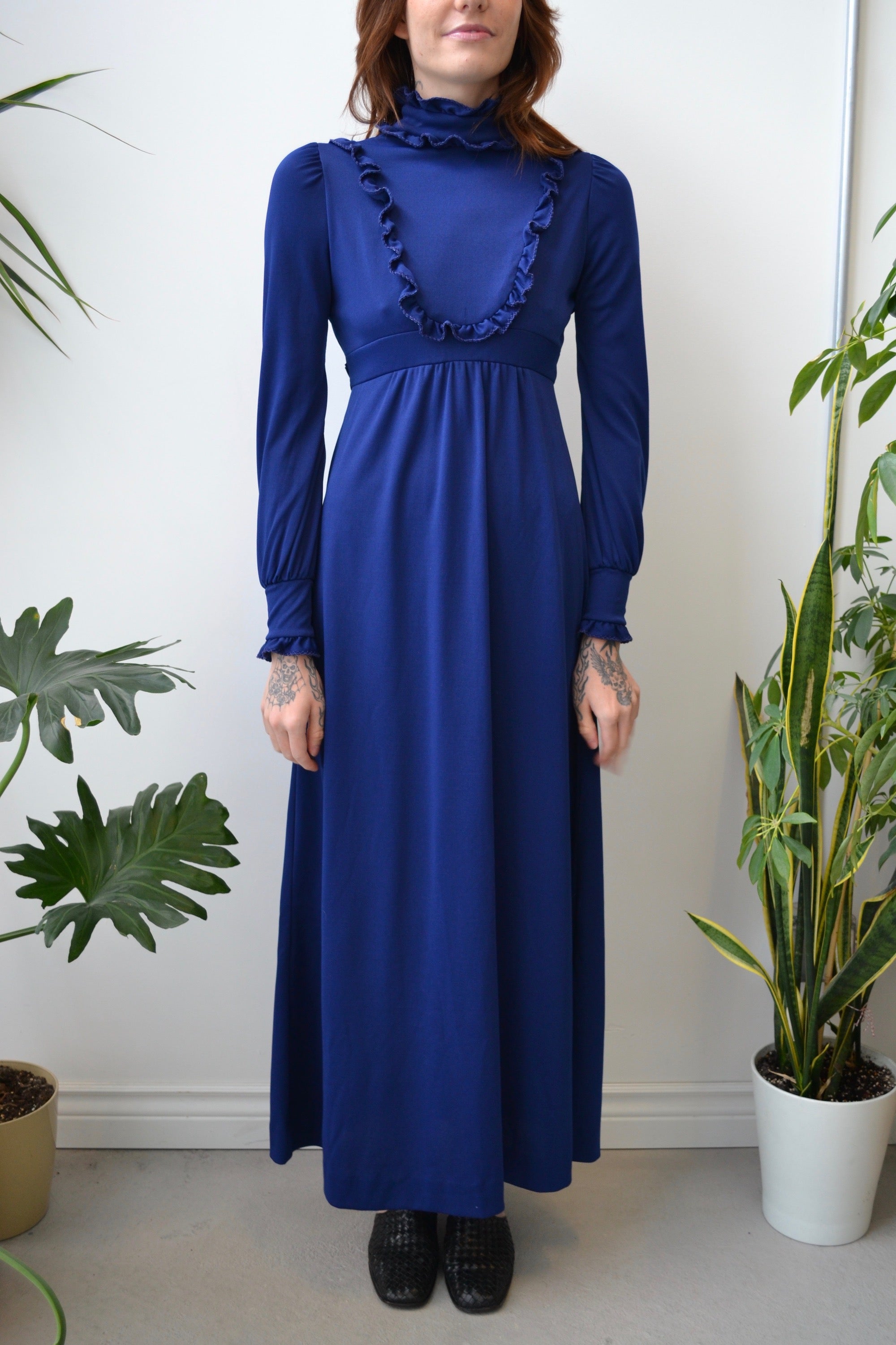 Seventies Navy Blue Ruffle Maxi