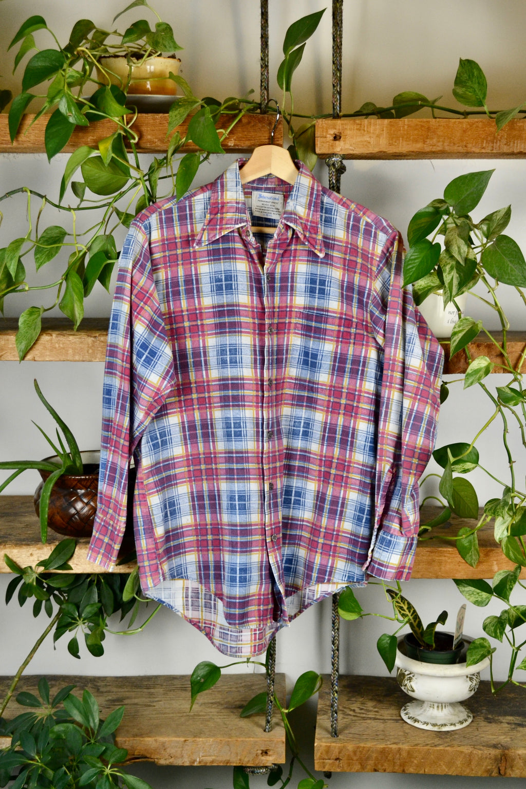 70s Pink Plaid Cotton Blend Button Up
