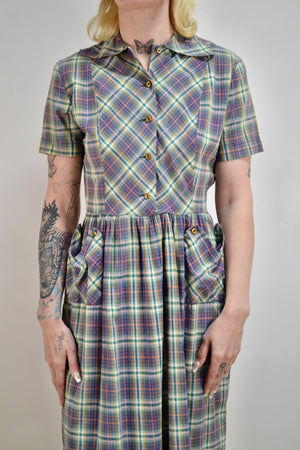 50s Purple Plaid Cotton Day Dress