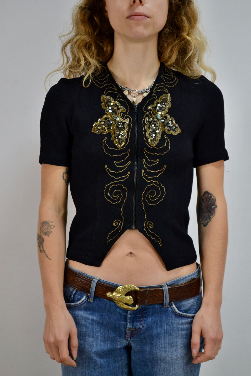 Gold Zip Up Embroidered Top