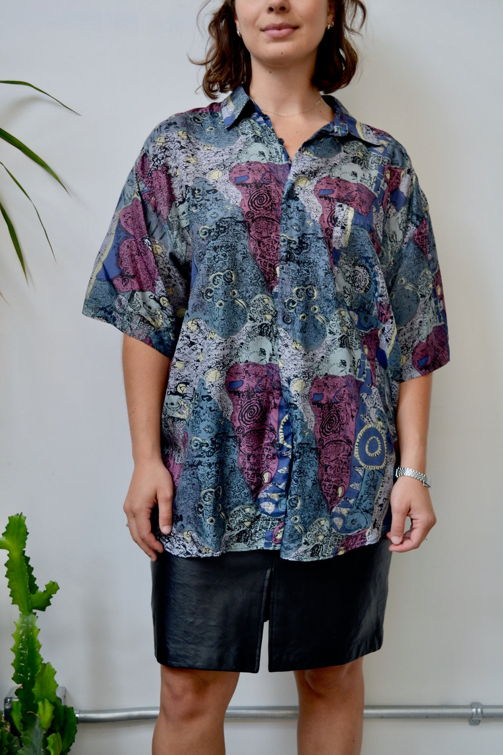 90s Silk Abstract Button Up