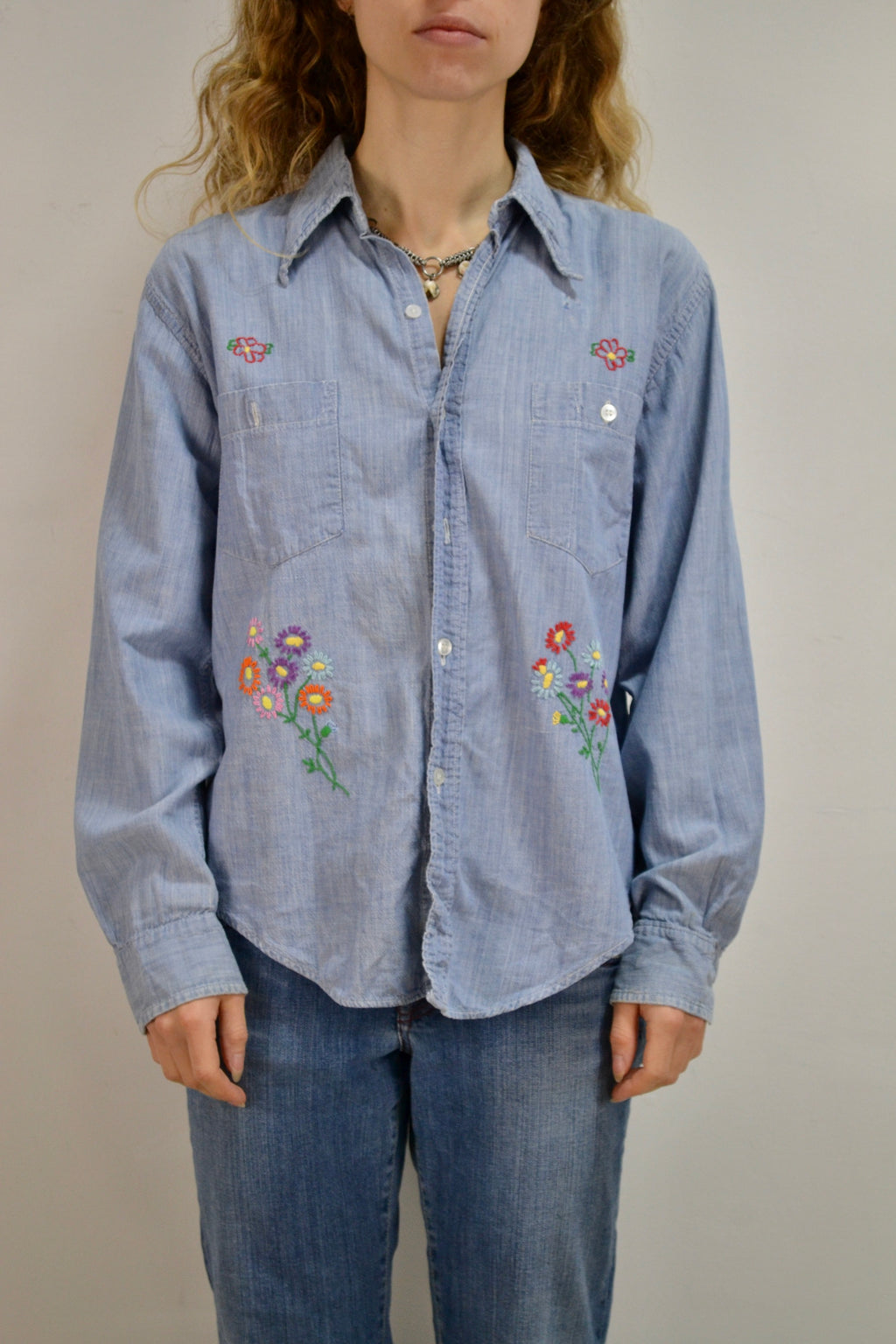 Hand Embroidered Chambray Button Up