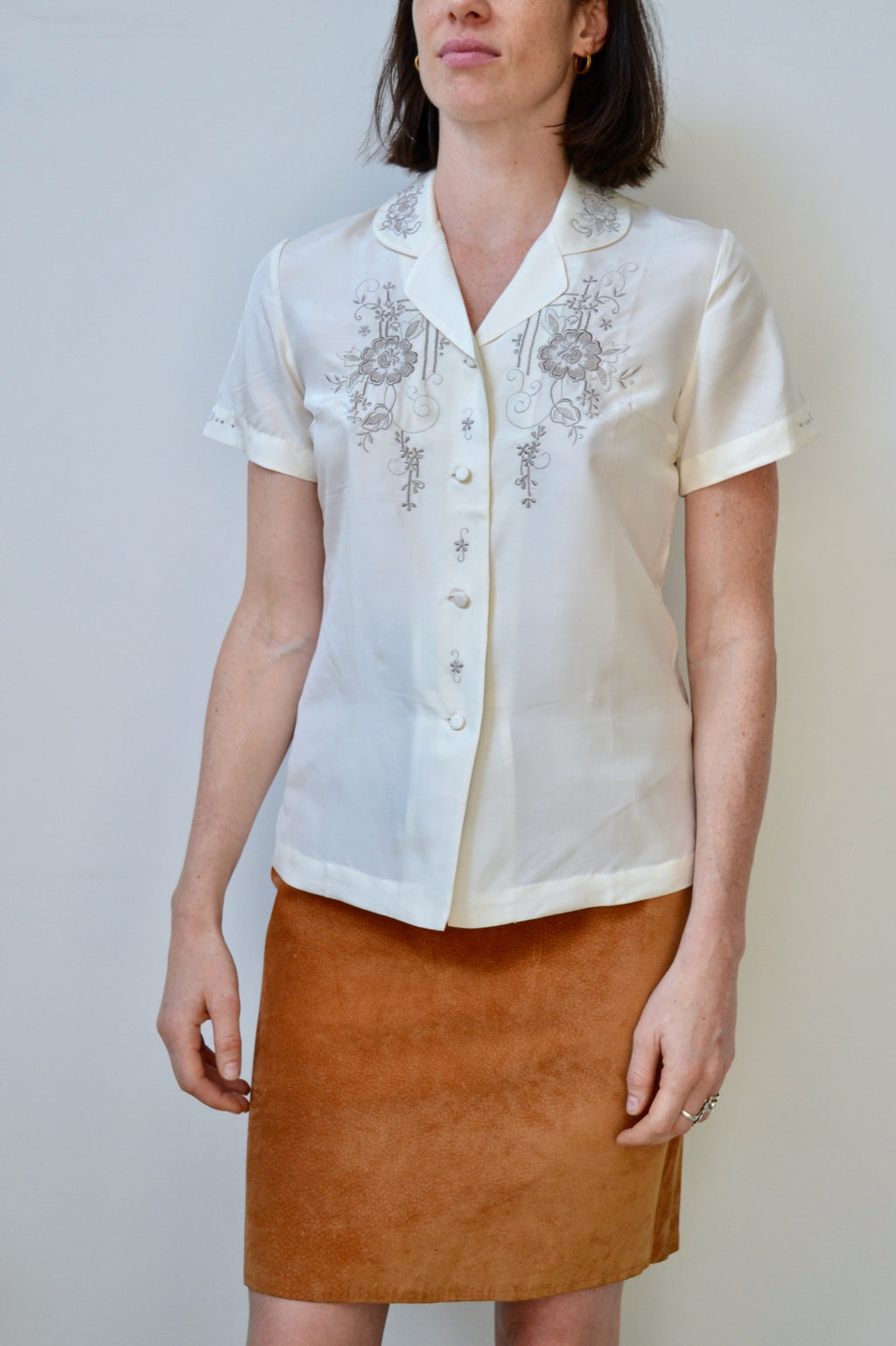 Short Sleeve Embroidered Silk Blouse