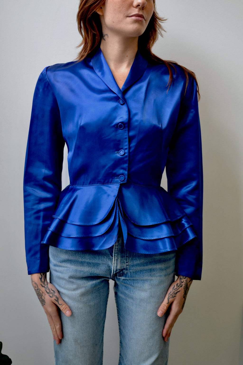 Forties Royal Blue Satin Peplum Blouse