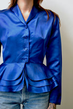 Forties Royal Blue Satin Peplum Blouse