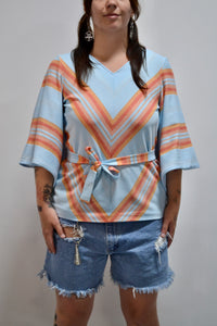 Seventies Baby Blue Chevron Striped Blouse