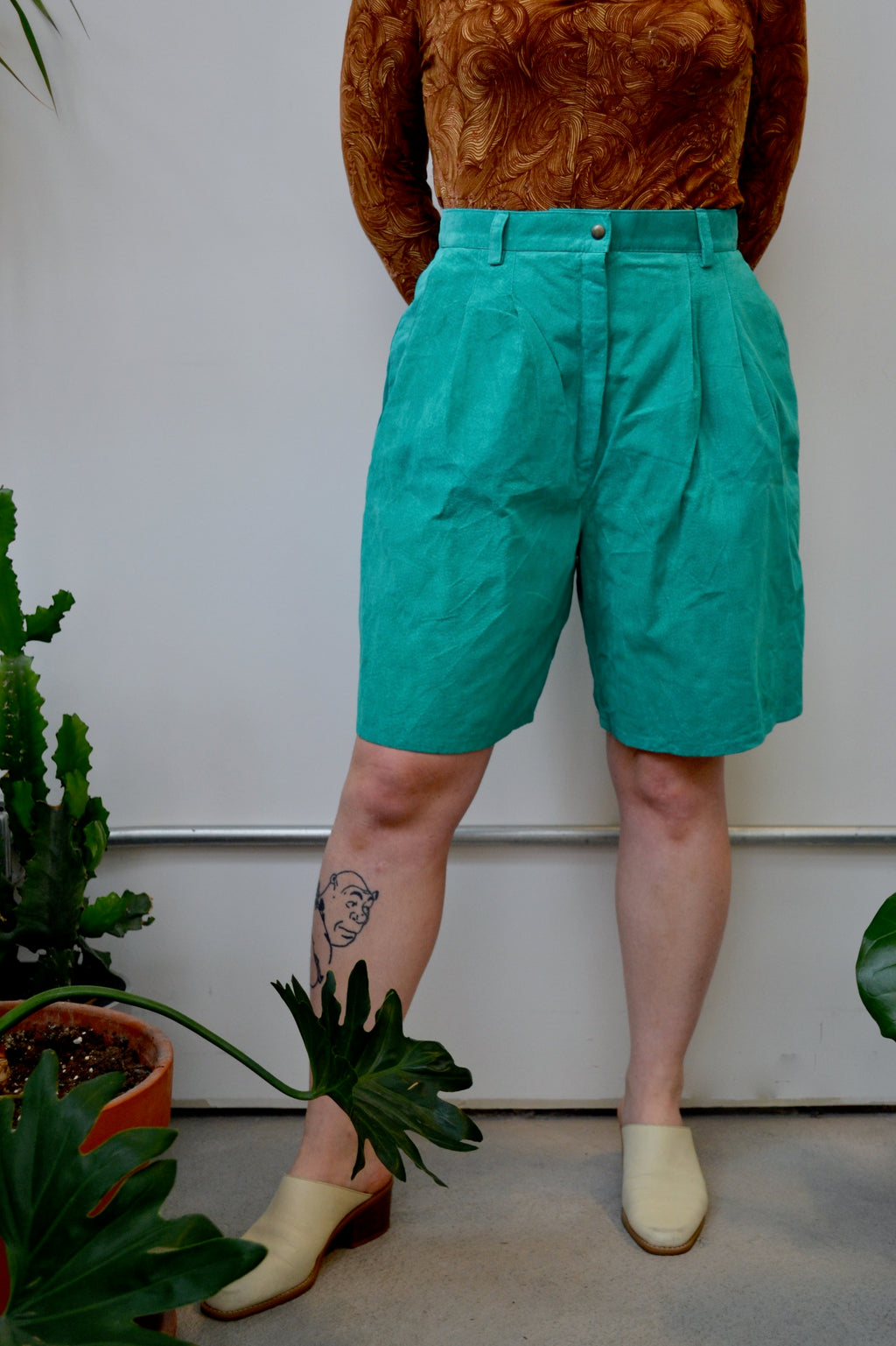Teal Suede Trouser Shorts