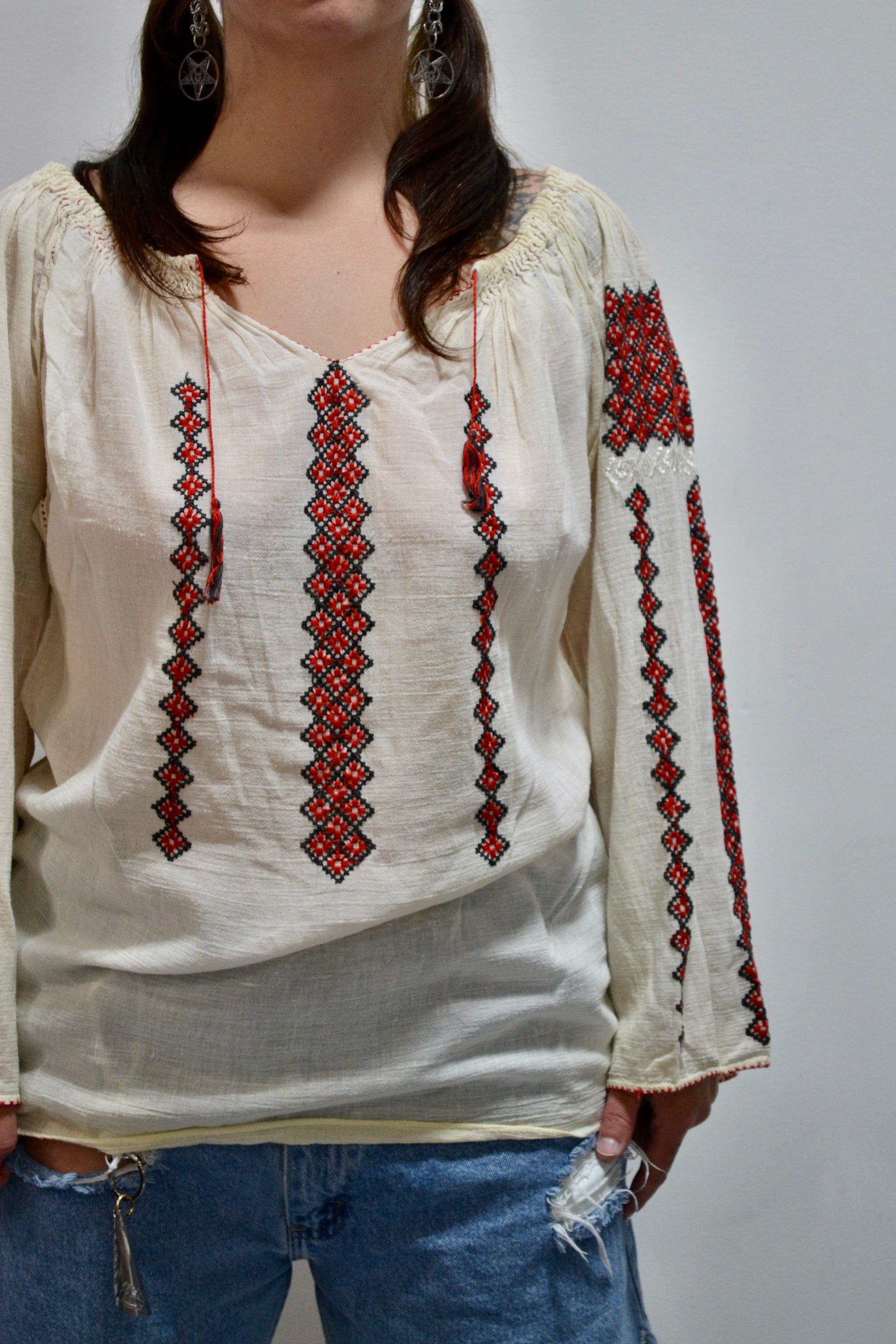 Vintage Embroidered Gauzy Peasant Blouse