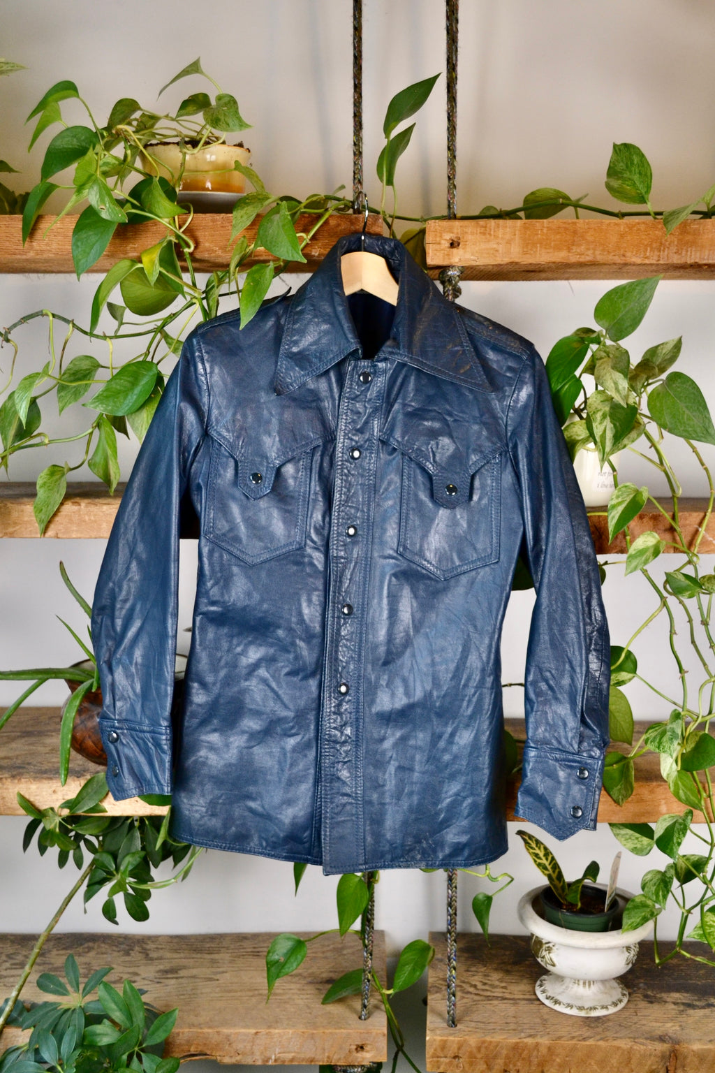 70s Navy Leather Shirt Jacket