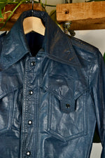 70s Navy Leather Shirt Jacket