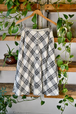 White and Black Slubbed Cotton A-Line Plaid Skirt