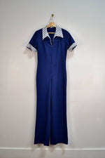 70s Navy Blue Poly Jumpsuit