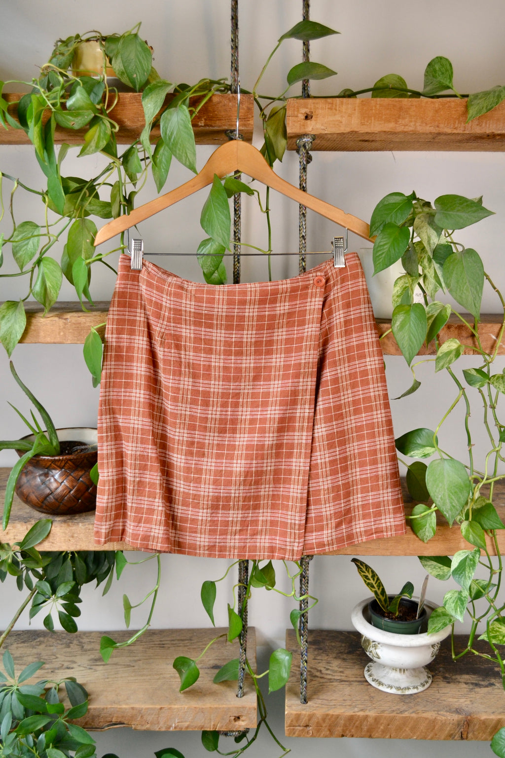 Burnt Orange Plaid Mini Wrap Skirt