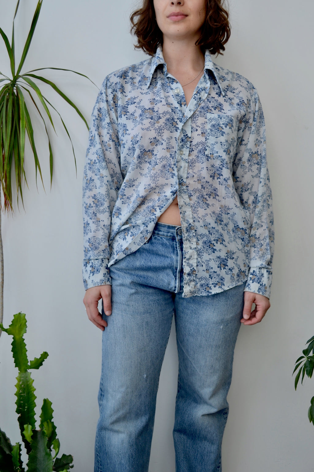 Seventies Gauzy Floral Button Up