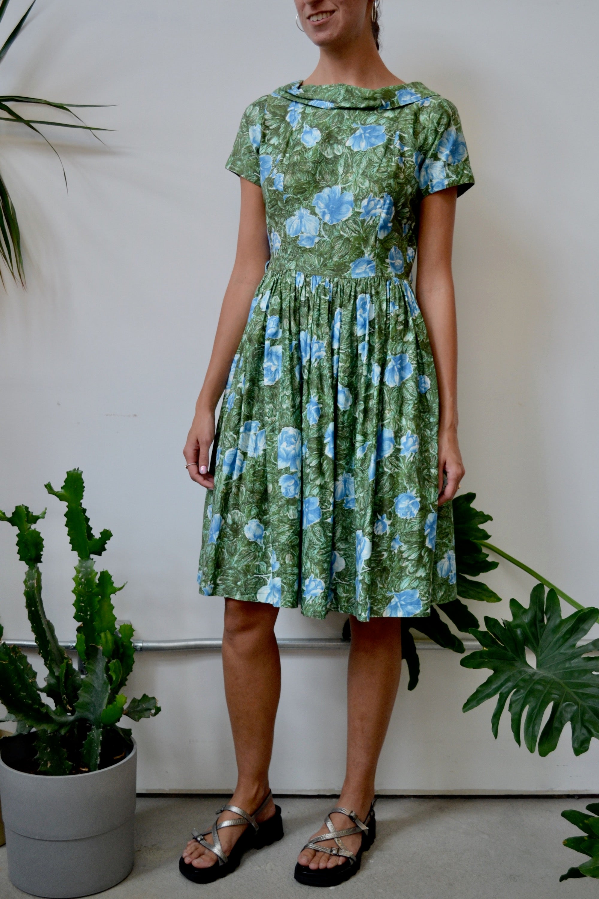 Blue and Green Floral Fifties Dress