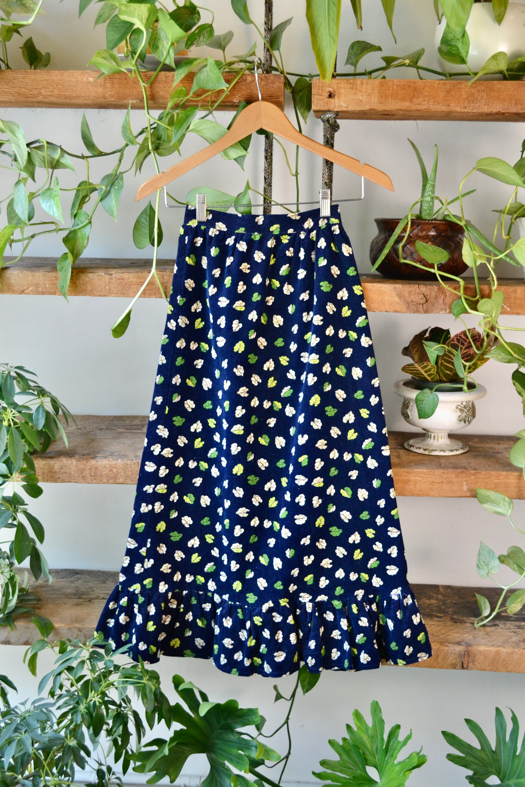 Navy Cord Leafy Skirt