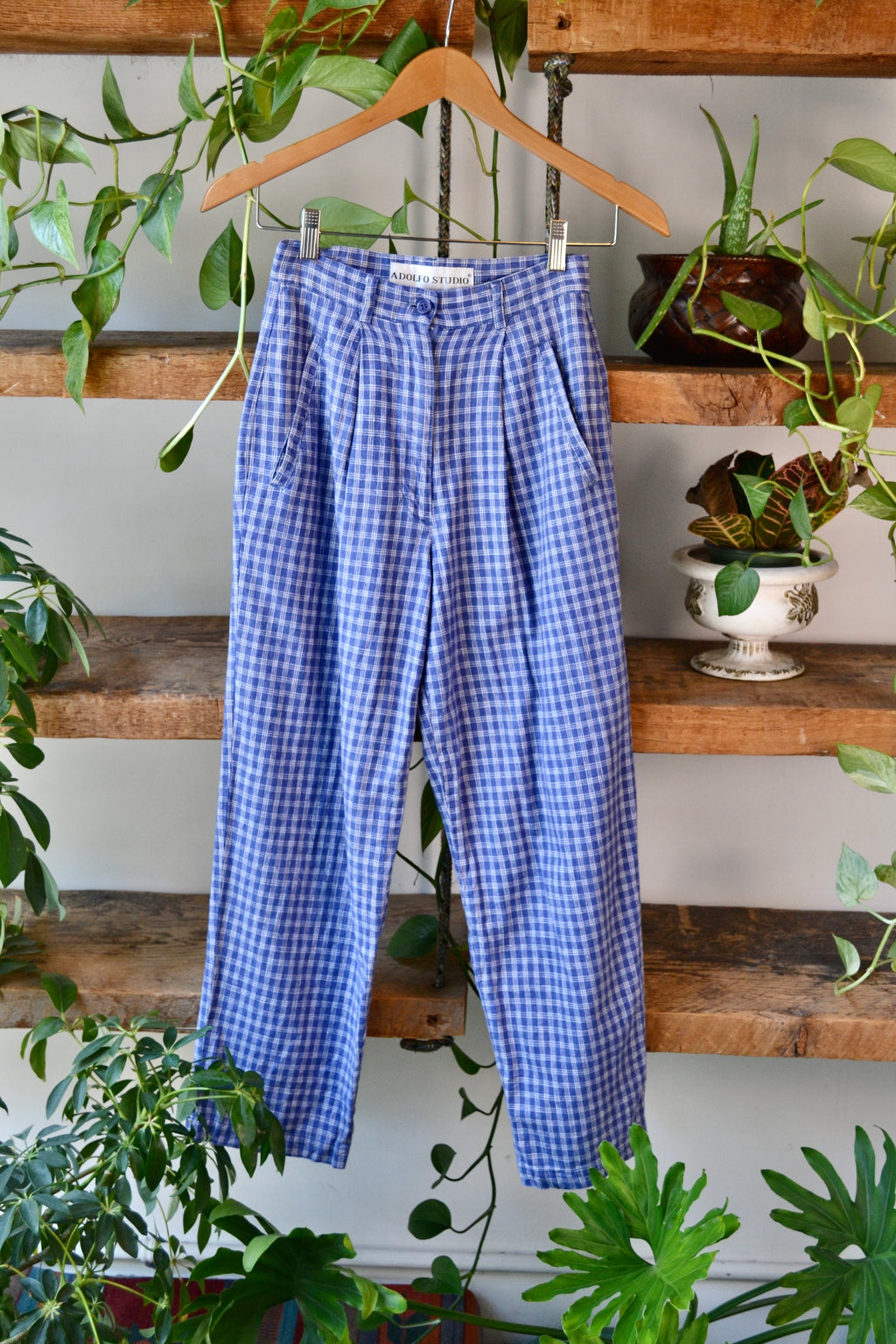Linen Blend Periwinkle Plaid Trousers