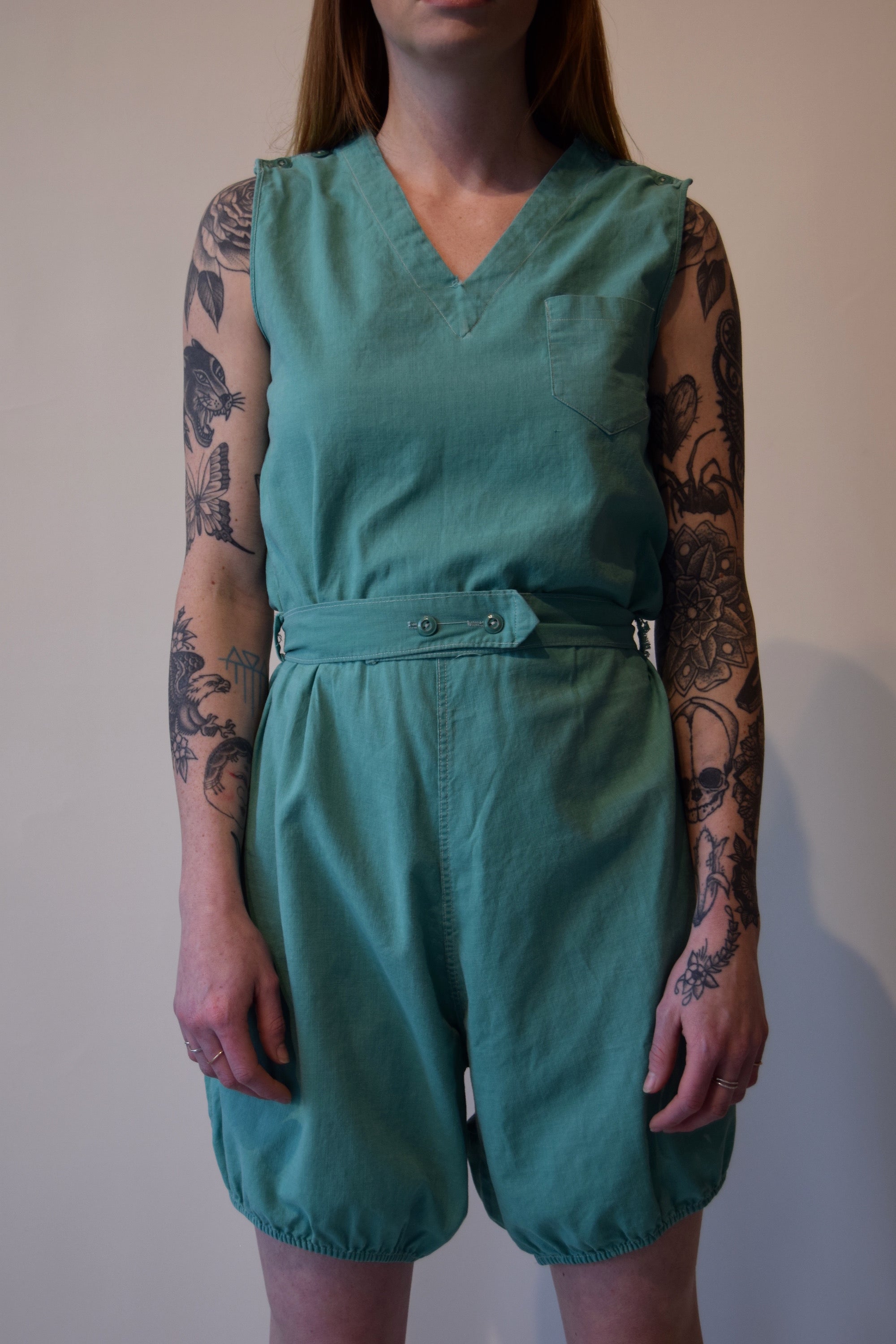 Vintage 1920's/1930's Seafoam Gym Outfit Romper with Embroidery