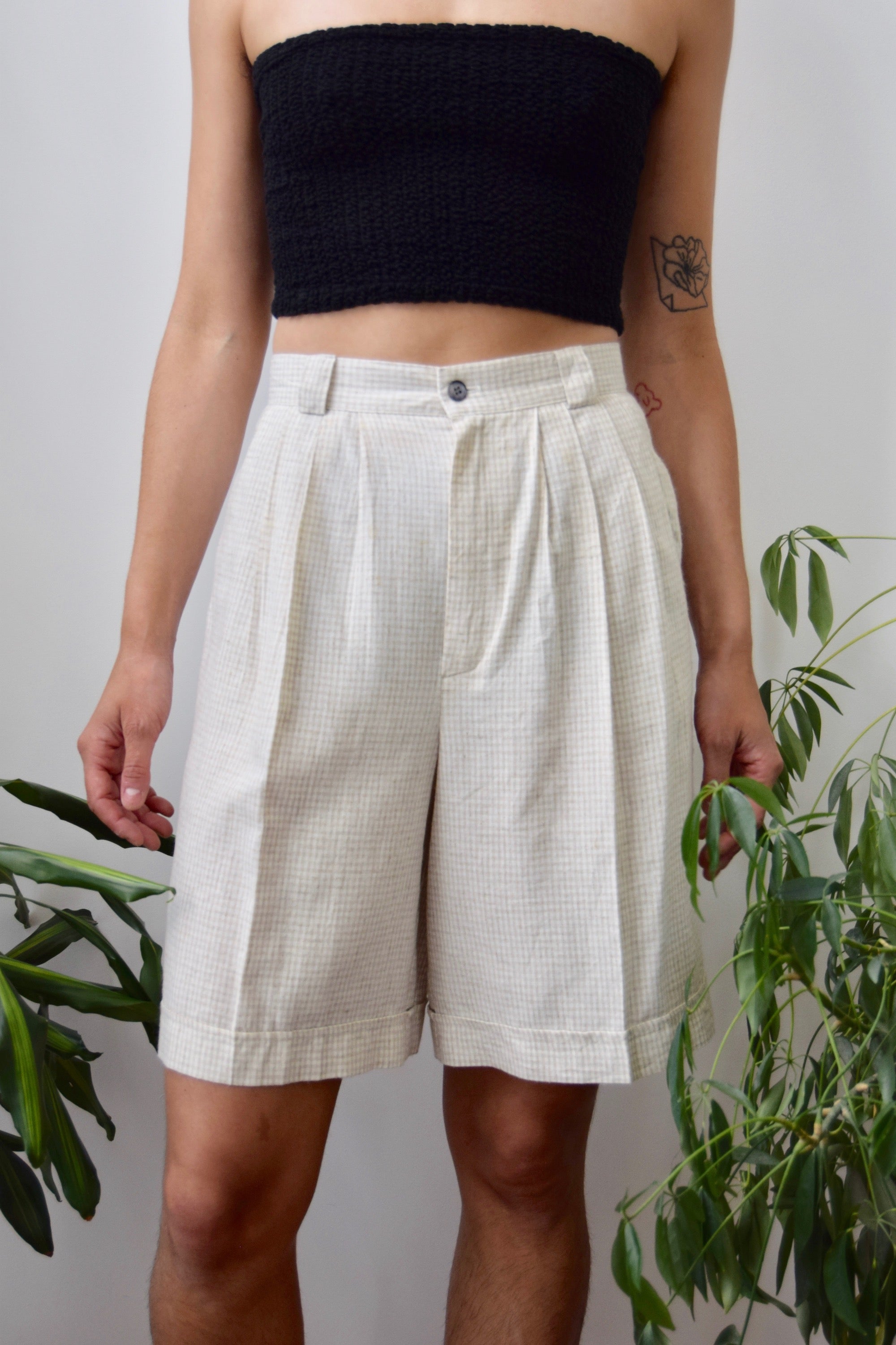 Beige Gingham Trouser Shorts