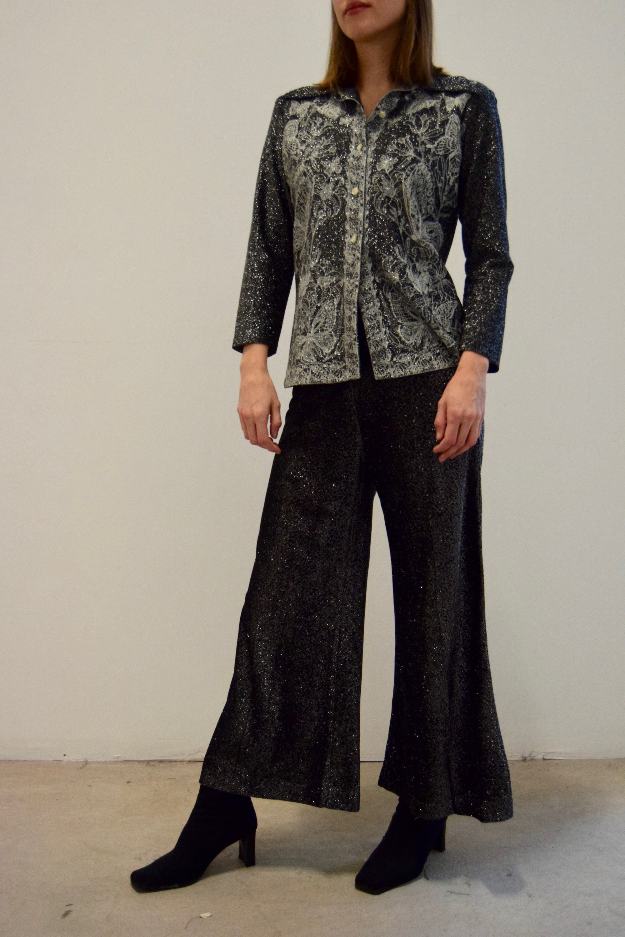 1970's Black and Silver Metallic Butterfly Pant Suit