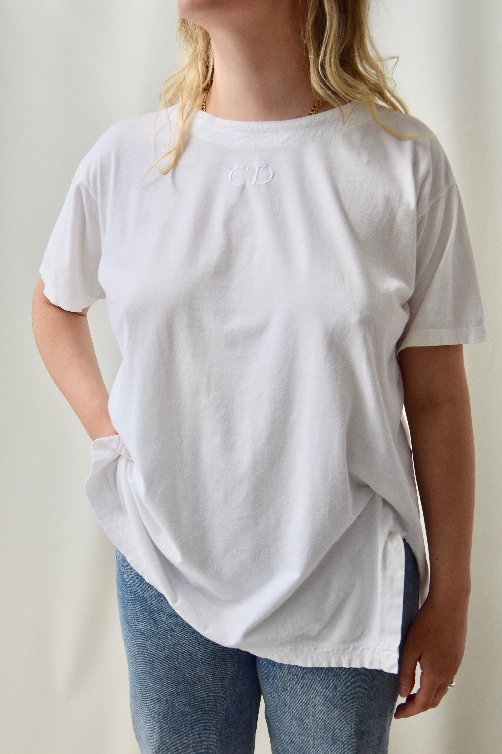 White Cotton Embroidered "Christian Dior" T-Shirt