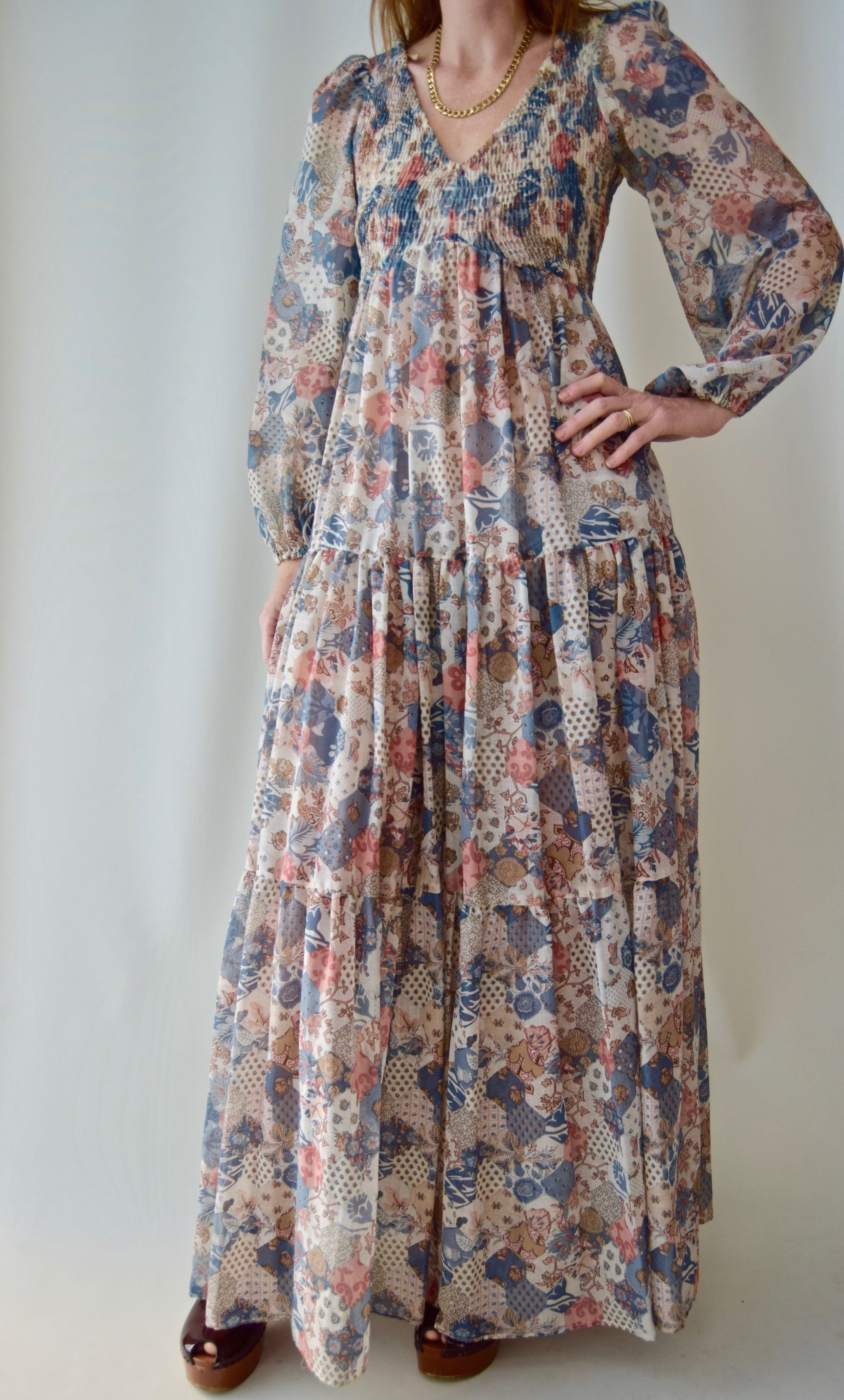 1970's Sheer Abstract Floral Patchwork Printed Maxi Dress
