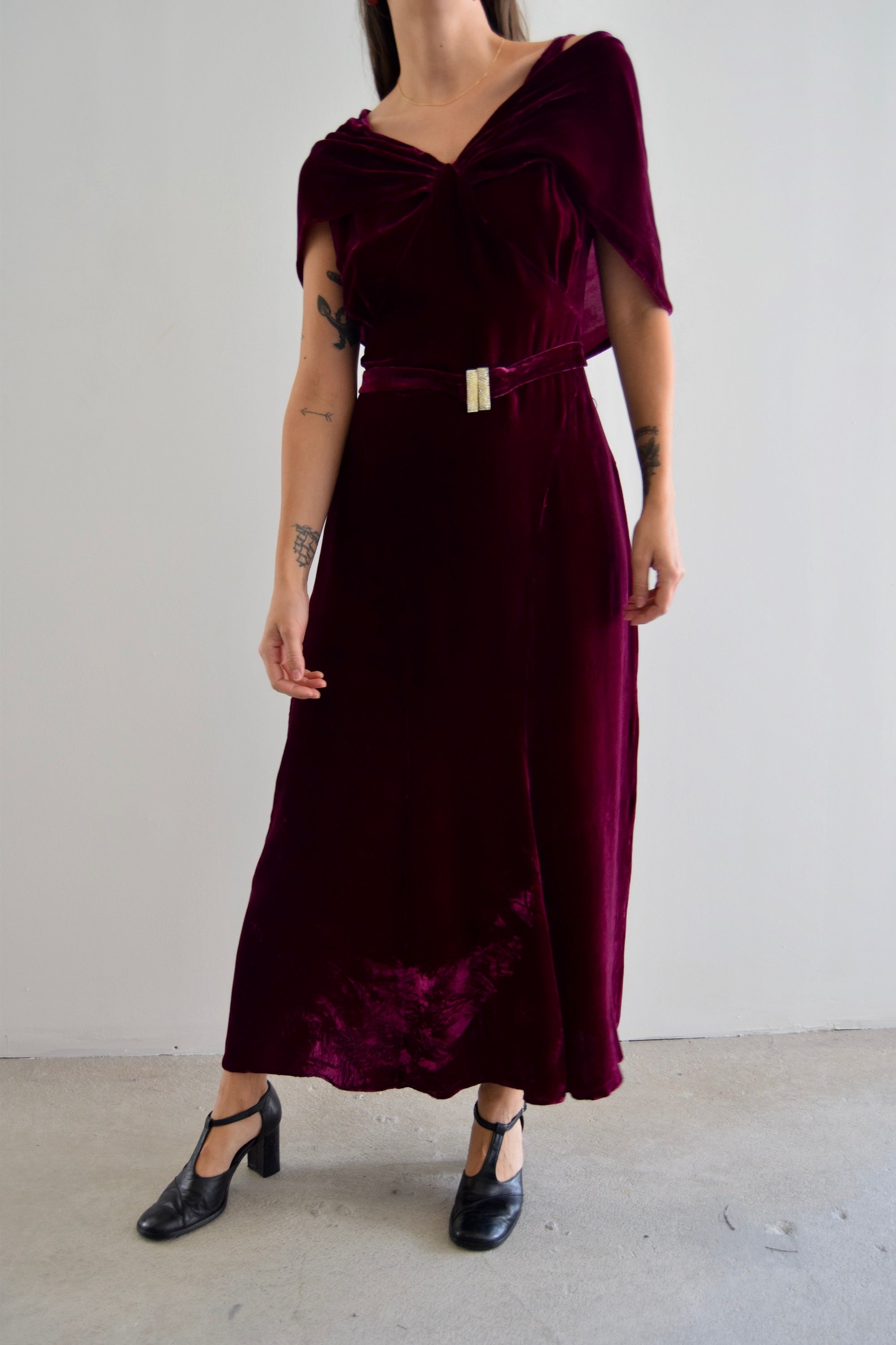 Vintage 30's Deep Fuchsia Silk Velvet Dress As Is