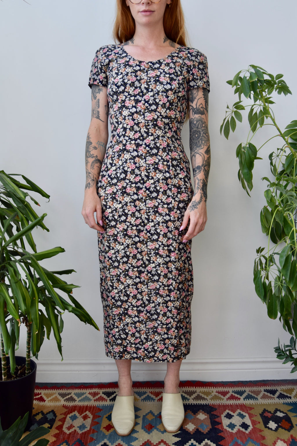 Nineties Floral Rayon Lace Back Dress