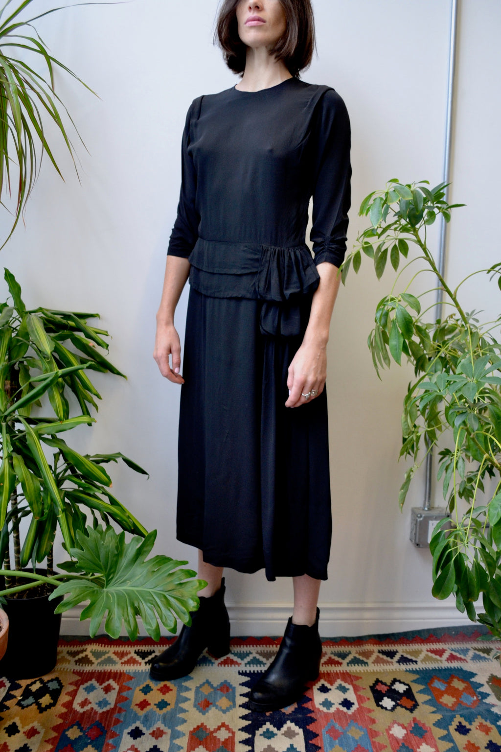 Forties Black Rayon Ruffle Dress