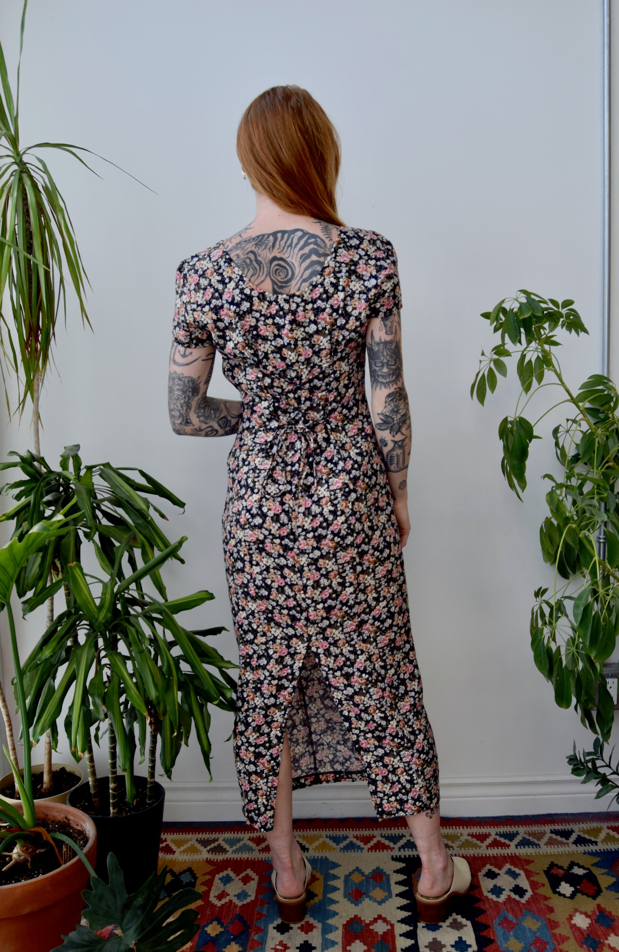 Nineties Floral Rayon Lace Back Dress