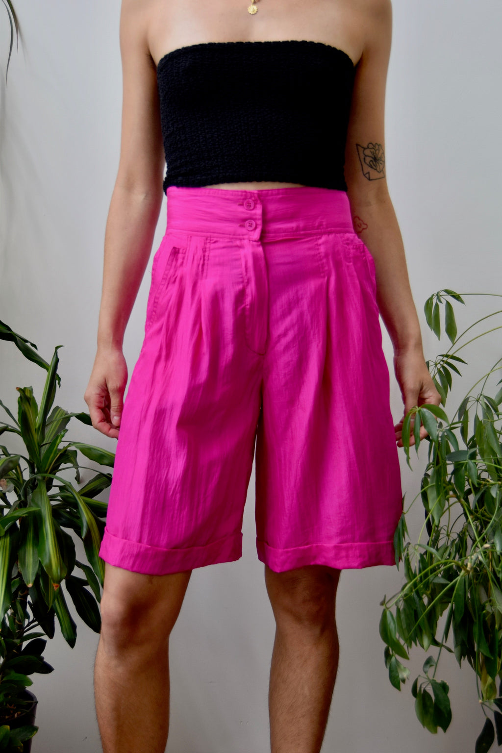 Magenta Silk Trouser Shorts