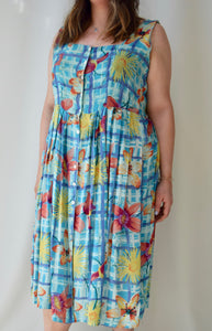 Multi-Blue Plaid Floral Rayon Summer Dress