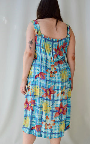 Multi-Blue Plaid Floral Rayon Summer Dress