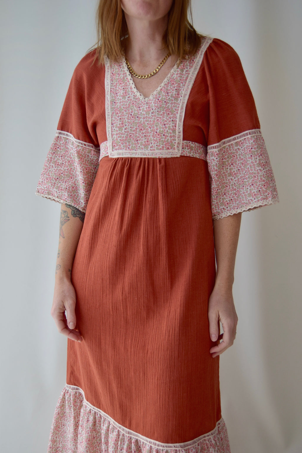 1970's Orange and Floral Peasant Dress