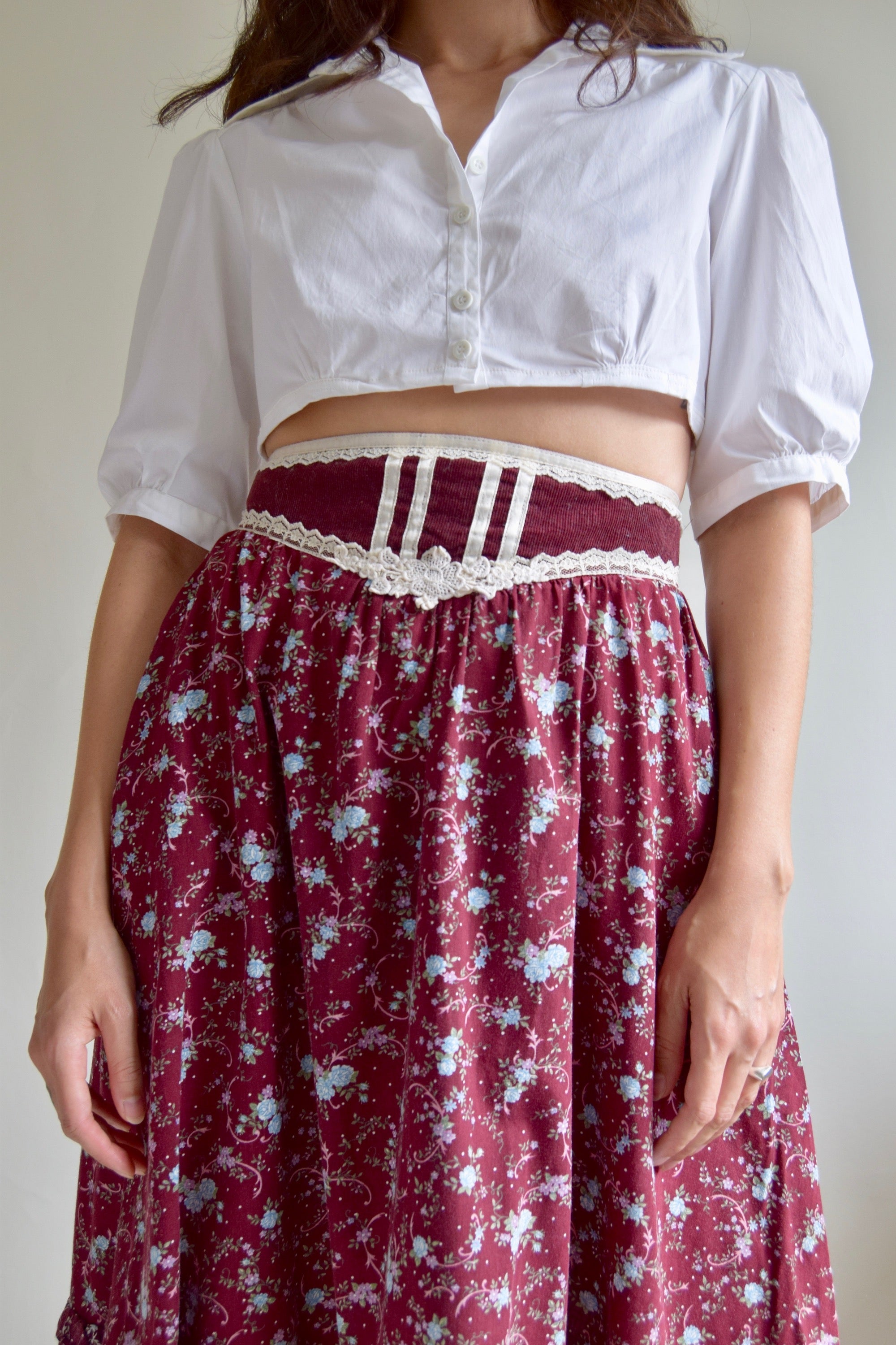Vintage 1970's Ruffled Gunne Sax Floral Wine Skirt